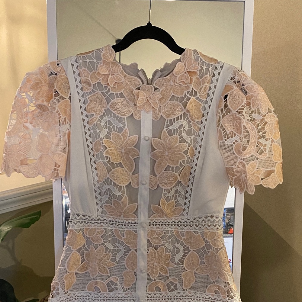 NWT Han Qing Mu Mu Elegant Retro Lace Cutout Ivory & Peach Midi Dress Size 2 - Picture 7 of 15